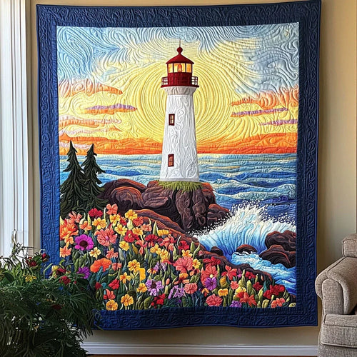 Lighthouse And Flower Field Quilt Blanket