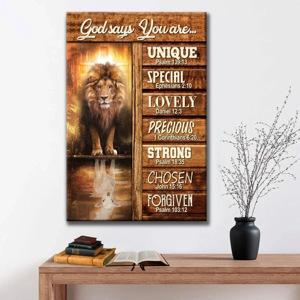 god says you are bible verse canvas print lion and lamb picture (Landscape) (view 4)