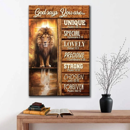 god says you are bible verse canvas print lion and lamb picture (Landscape) (view 4)