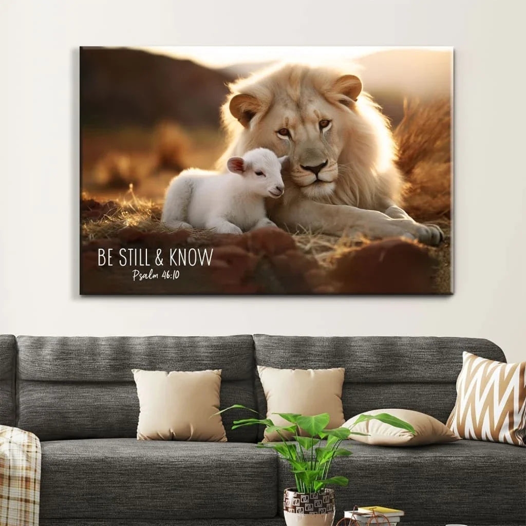 lion and lamb be still and know psalm 46 10 wall art canvas print (Landscape) (view 5)