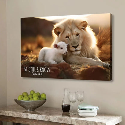 lion and lamb be still and know psalm 46 10 wall art canvas print (Landscape) (view 6)