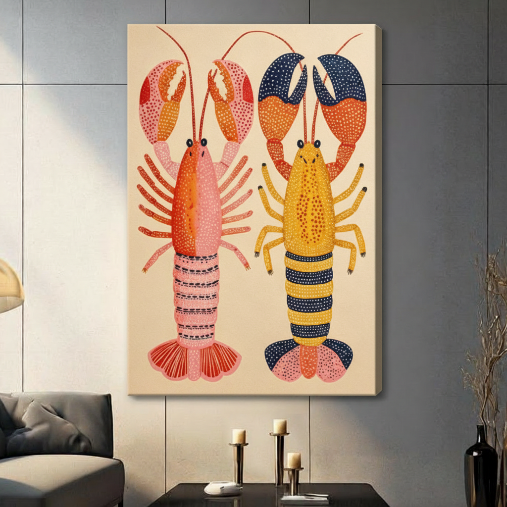 Colorful Lobster Duo Coastal Canvas Art Wall Art