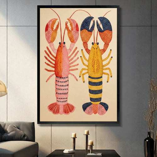 Colorful Lobster Duo Coastal Canvas Art Wall Art