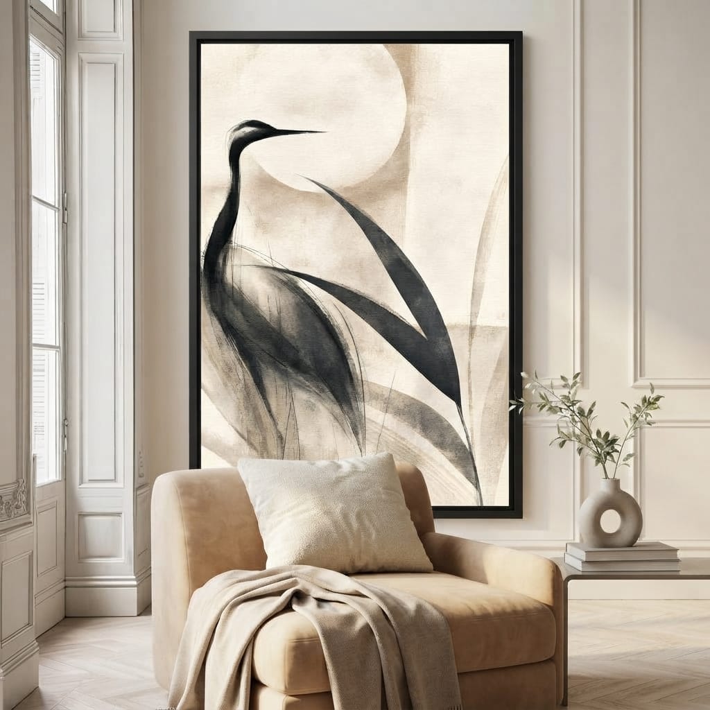 Lone Crane Watching The Pale Disc Canvas Wall Art