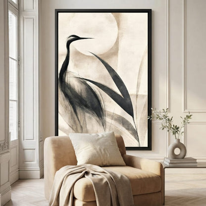 Lone Crane Watching The Pale Disc Canvas Wall Art
