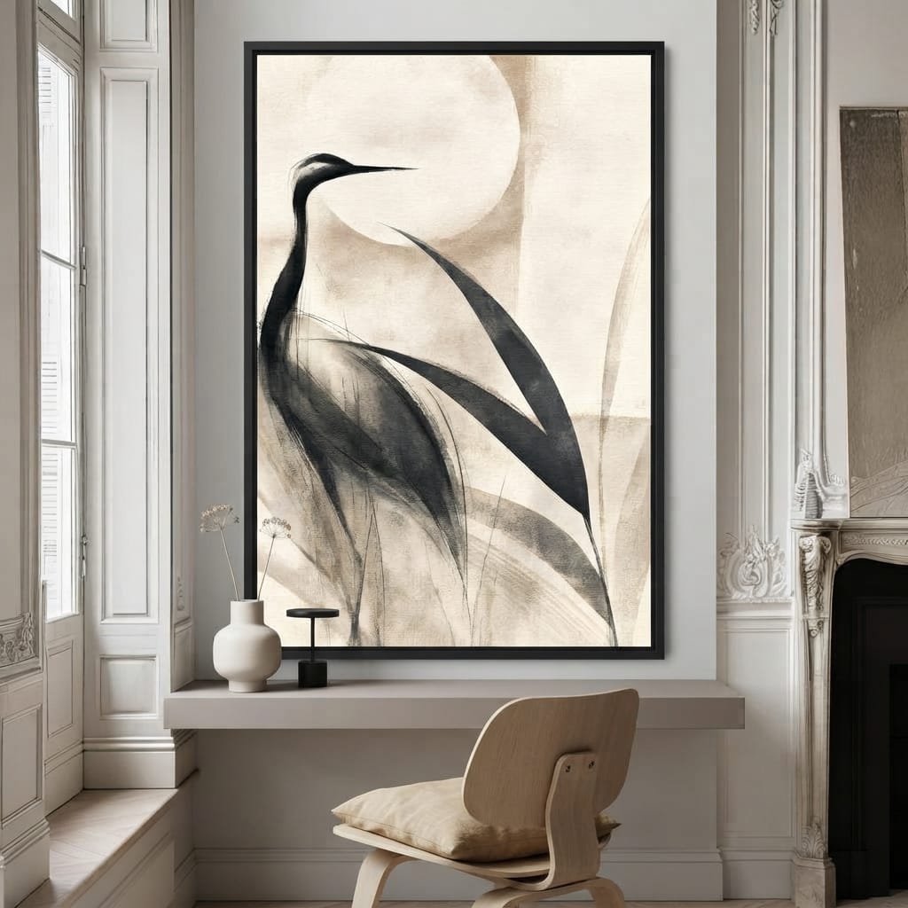 Lone Crane Watching The Pale Disc Canvas Wall Art