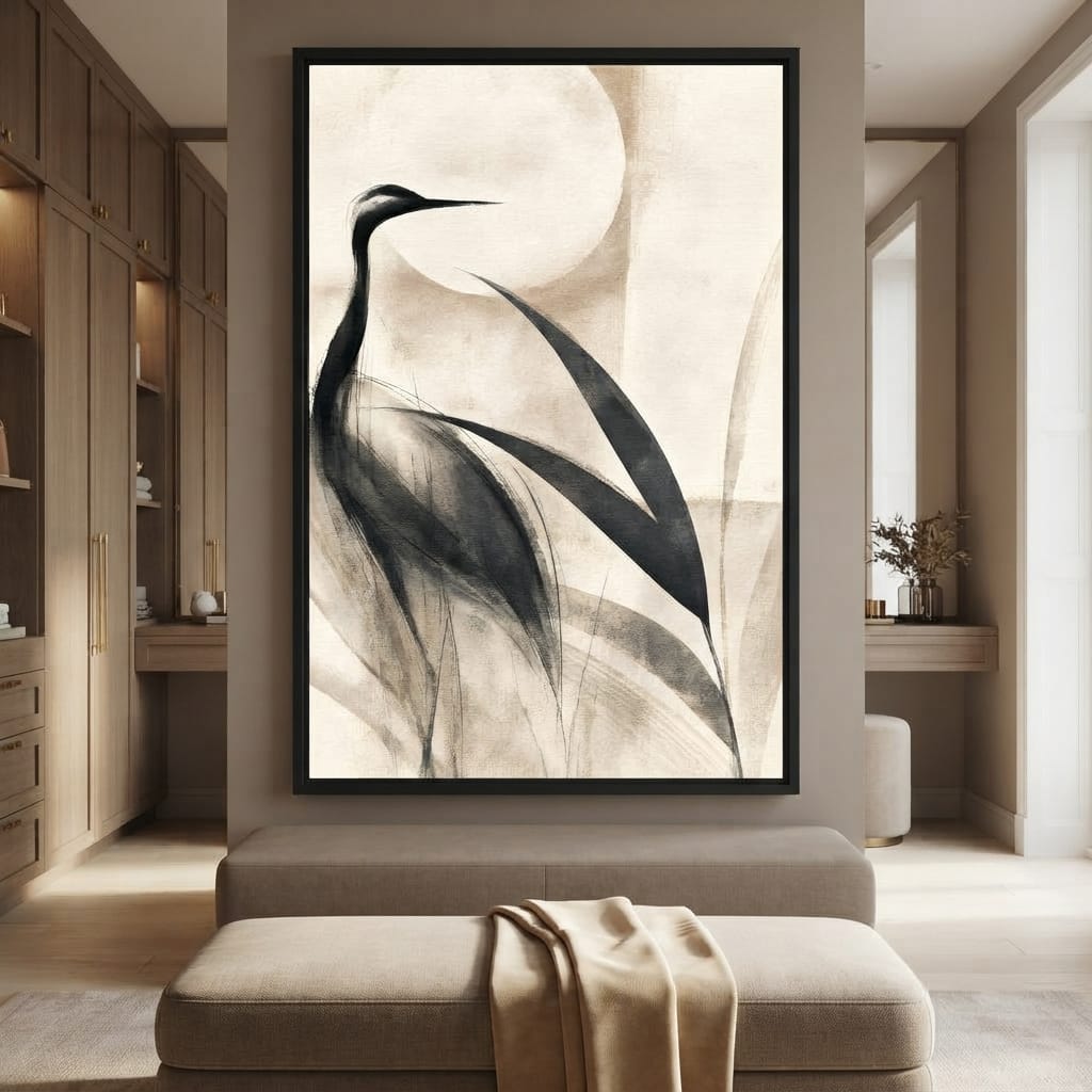 Lone Crane Watching The Pale Disc Canvas Wall Art