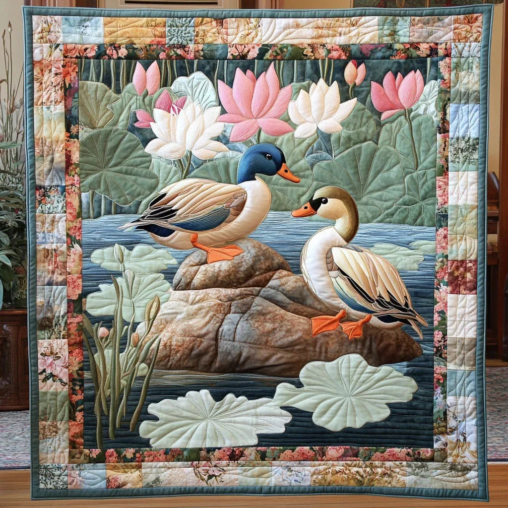 Lotus Mandarin Duck Quilt Blanket