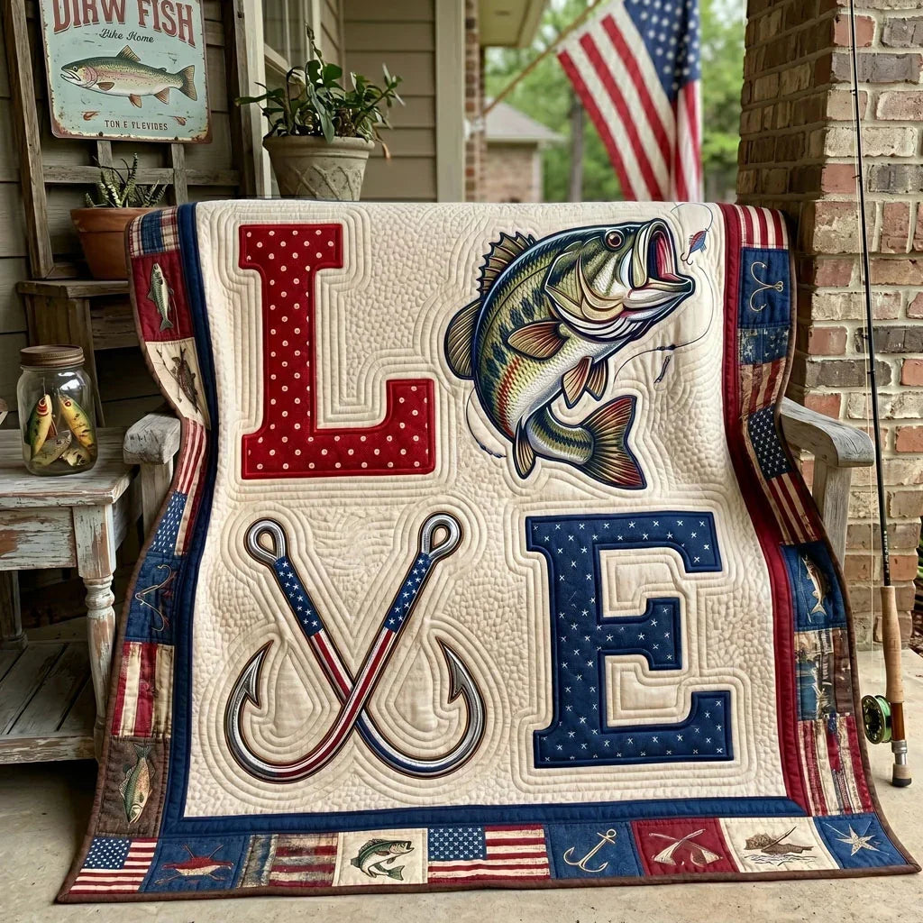 Love Fishing Patriotic Quilt Blanket
