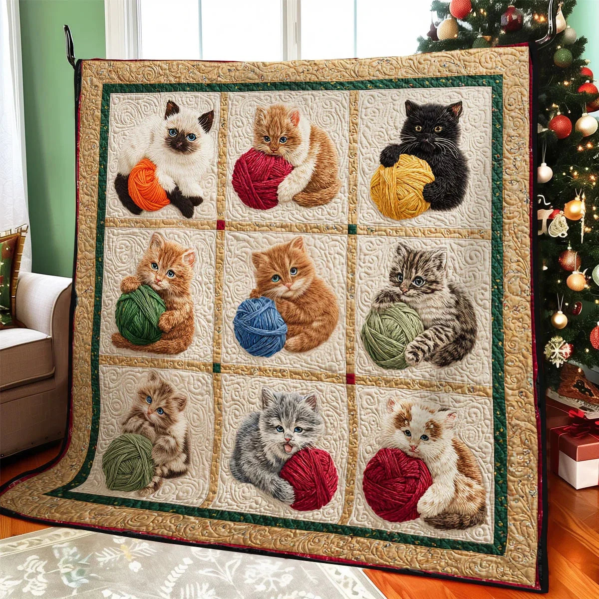 Lovely Yarn Cat Quilt Blanket