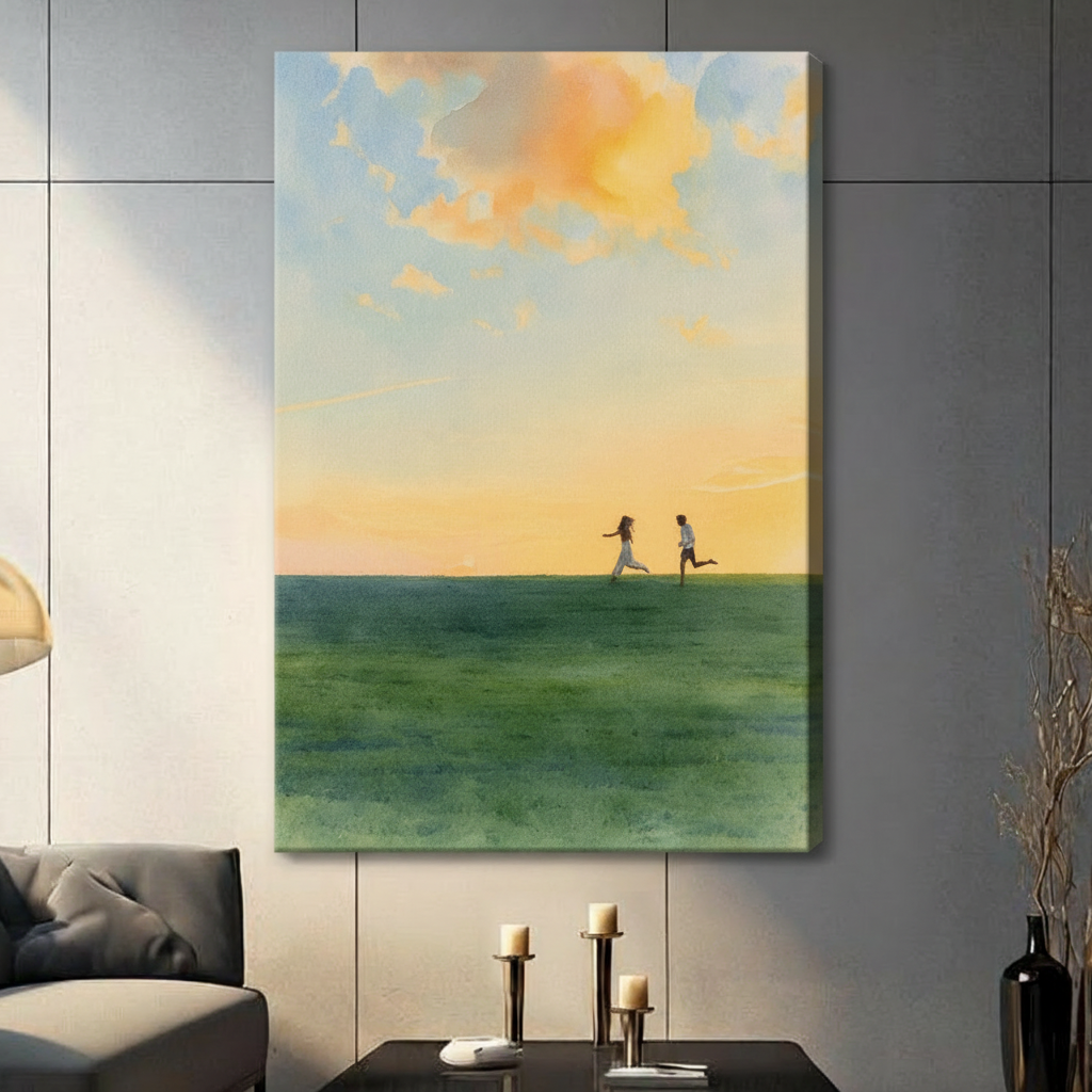 Romantic Sunset Couple Running Canvas Wall Art