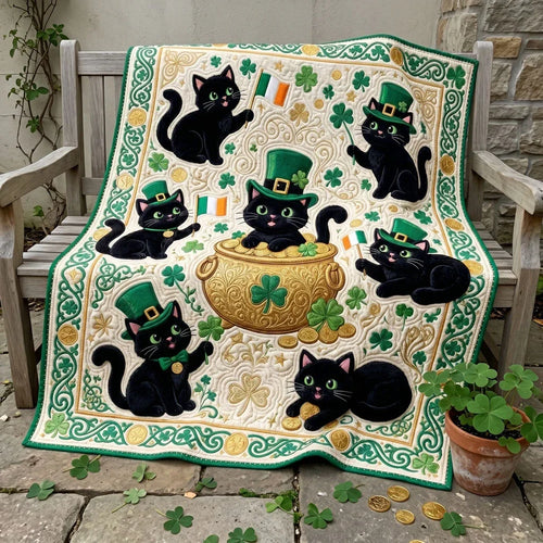 Lucky Black Cats And Gold Pot Quilt Blanket