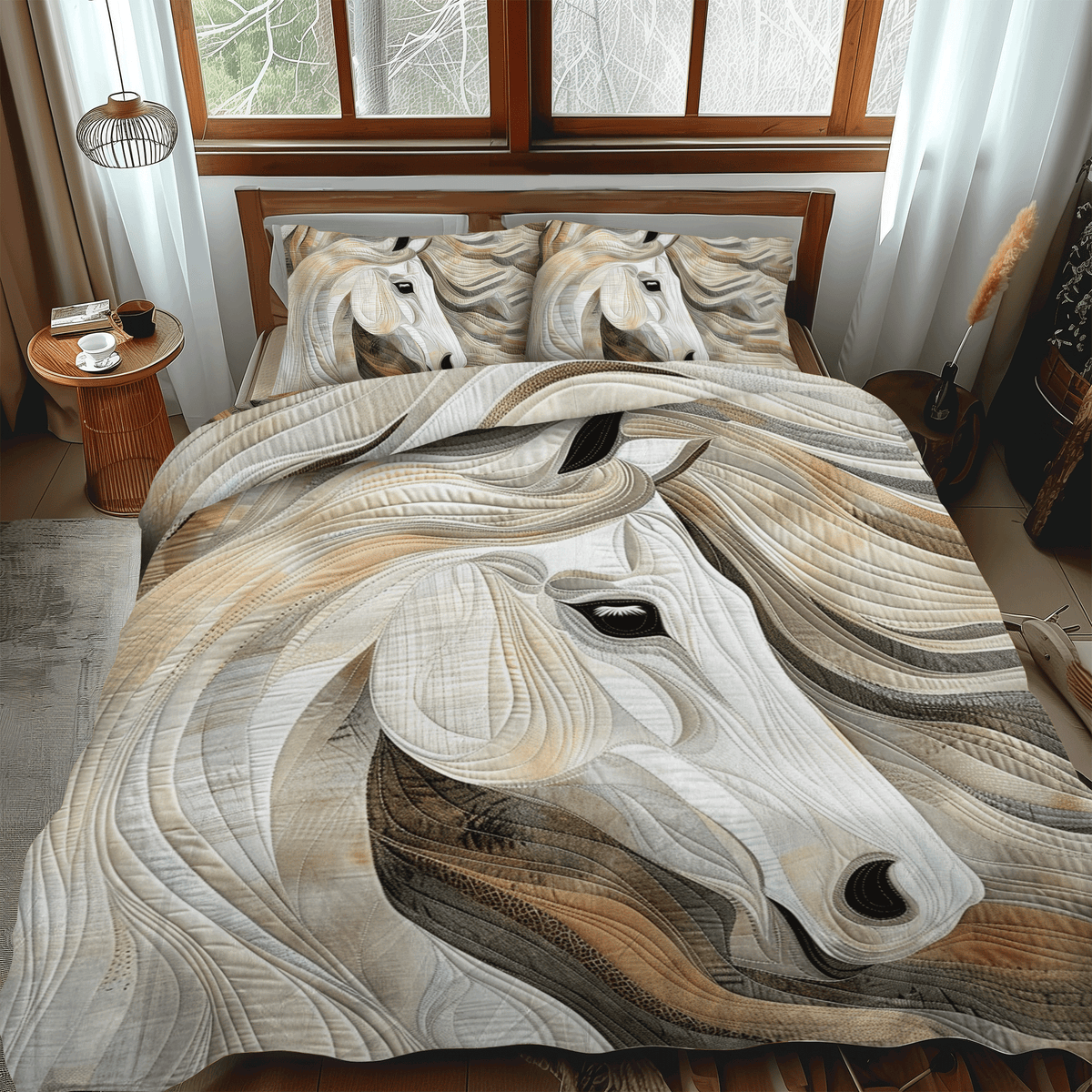 Artistic White Horse 3-Piece Quilted Bedding Set - Single (59" x 70")