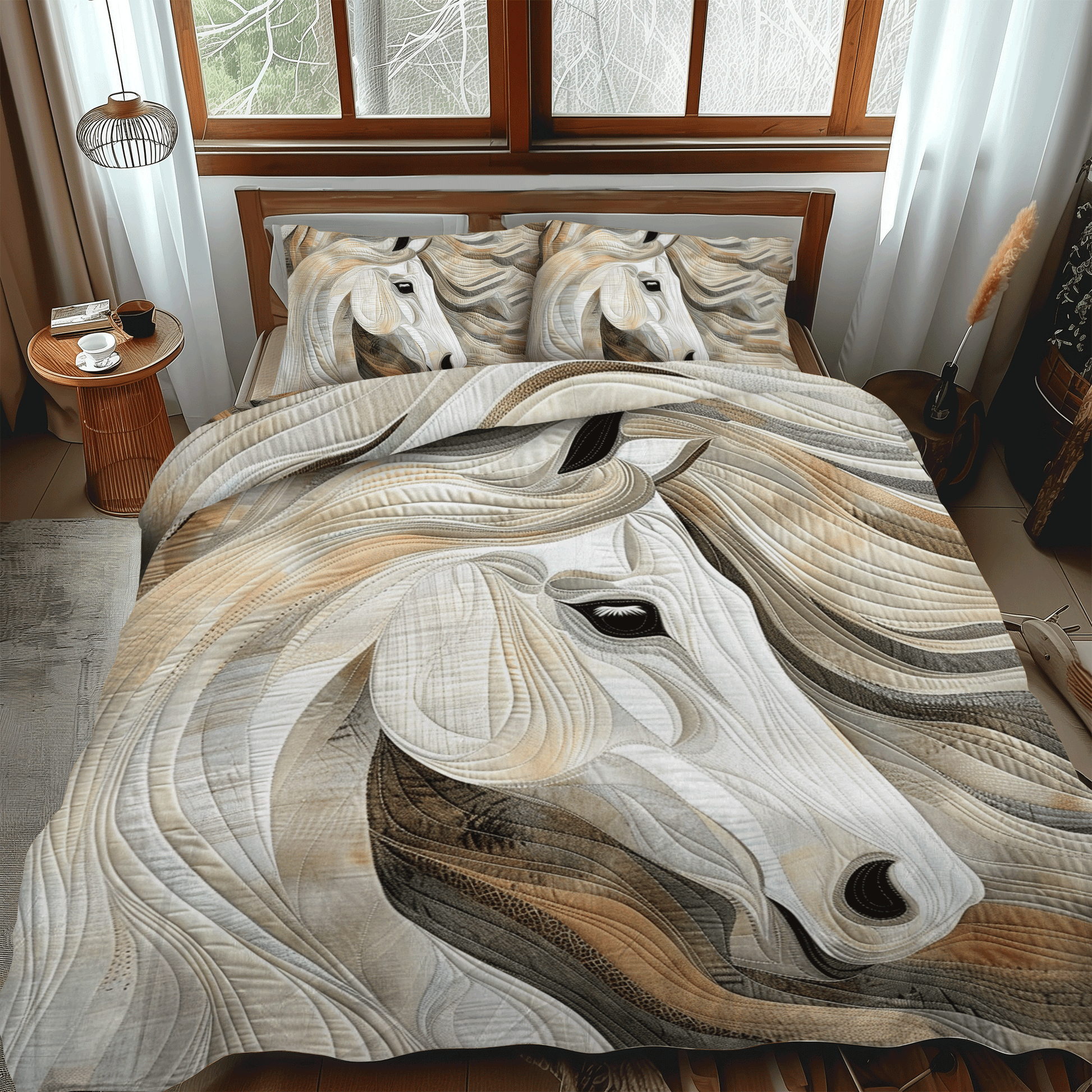 Artistic White Horse 3-Piece Quilted Bedding Set - Single (59" x 70")