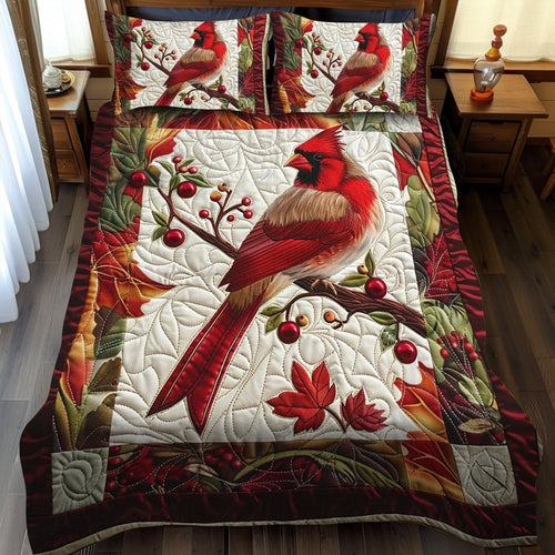 Stunning Cardinal Bird 3-Piece Quilted Bedding Set - Single (59" x 70")