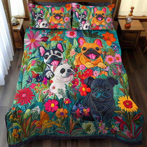 Vibrant Frenchie Faces 3-Piece Quilted Bedding Set - Single (59" x 70")