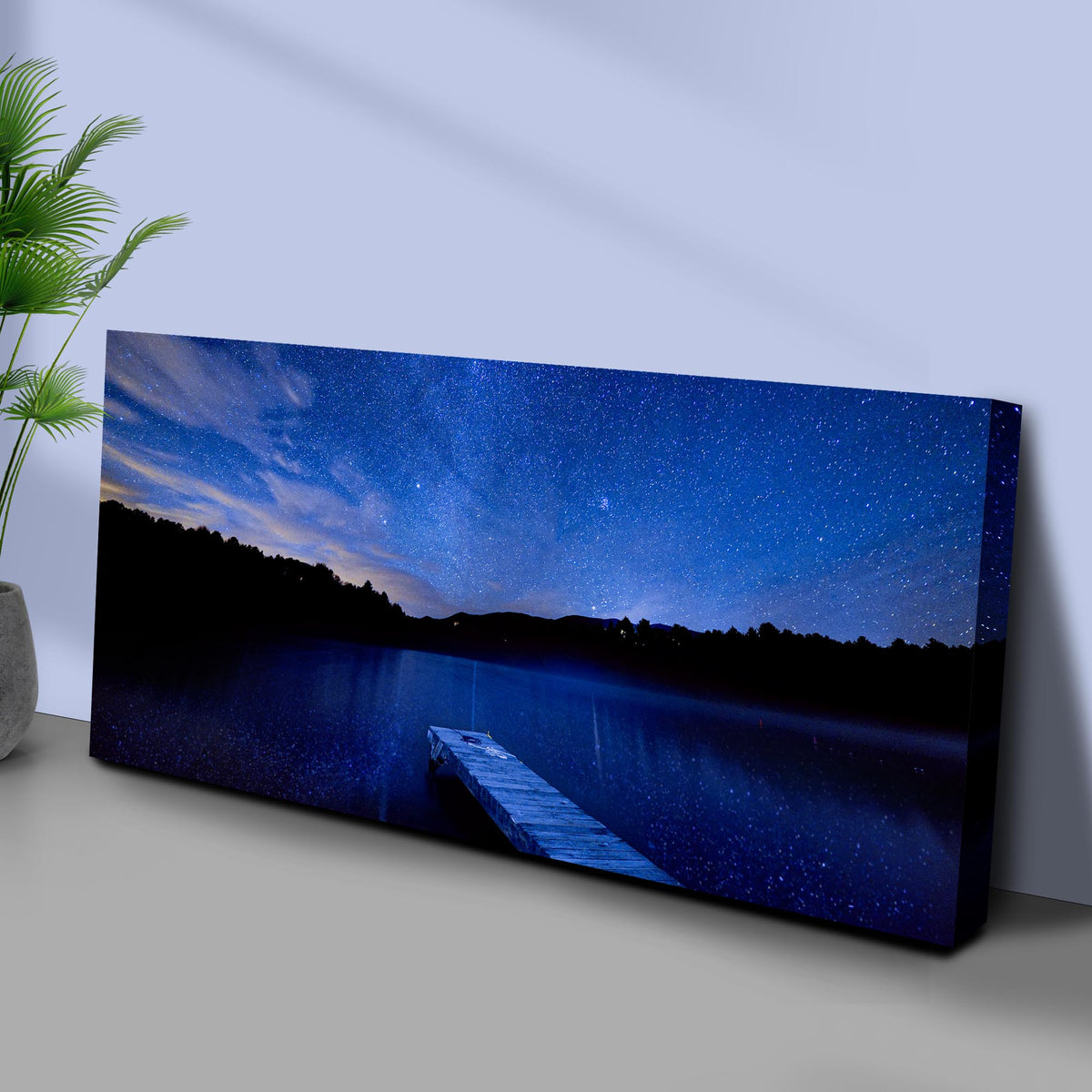 Blue Starry Night Lake Forest Canvas Wall Art