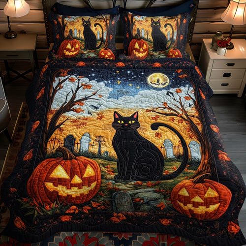 Spook-tacular Black Cat 3-Piece Quilted Bedding Set - Single (59" x 70")