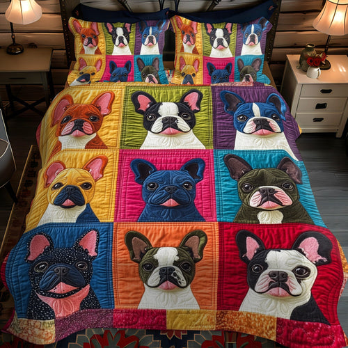 Frenchie Faces Colorful 3-Piece Quilted Bedding Set - Single (59" x 70")