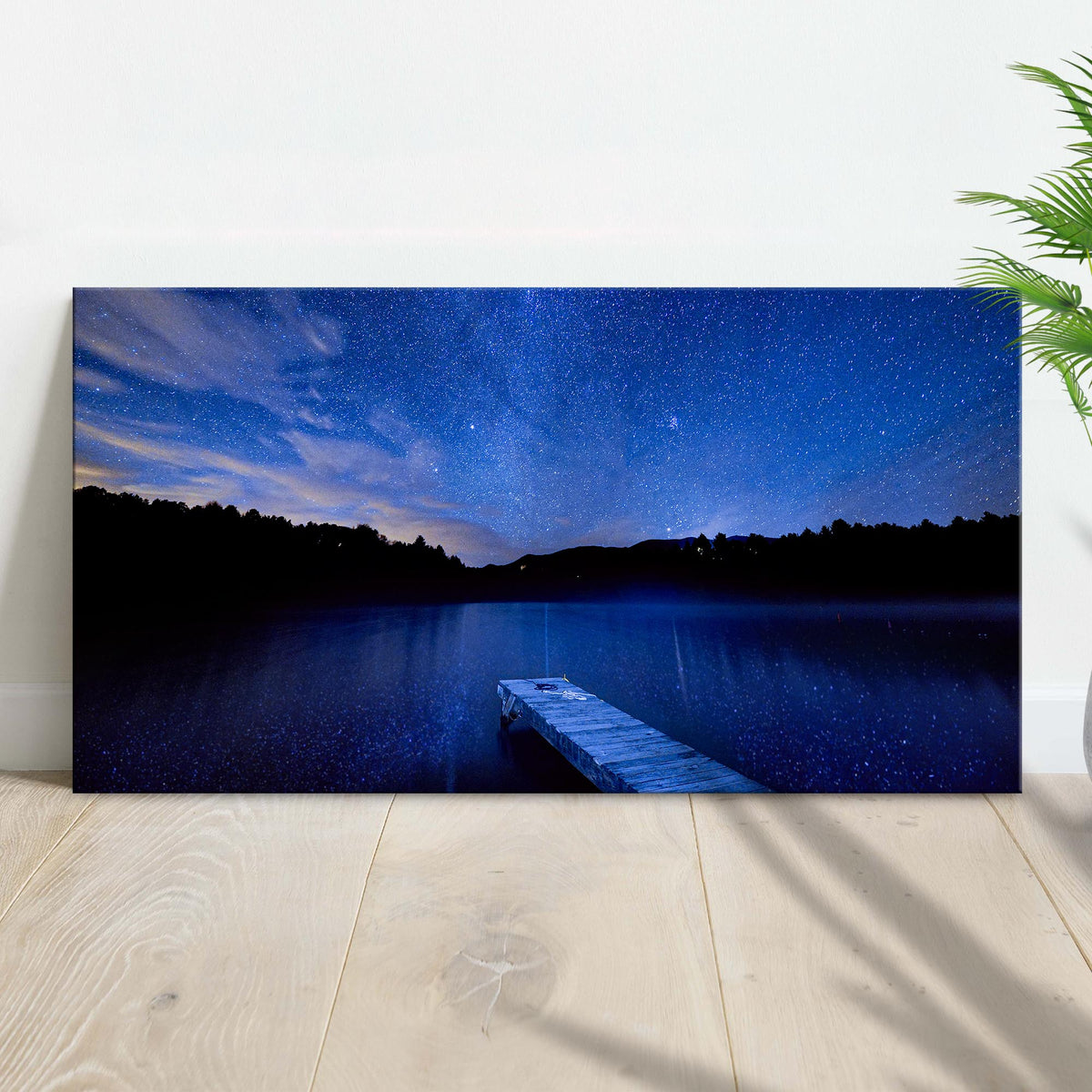 Blue Starry Night Lake Forest Canvas Wall Art