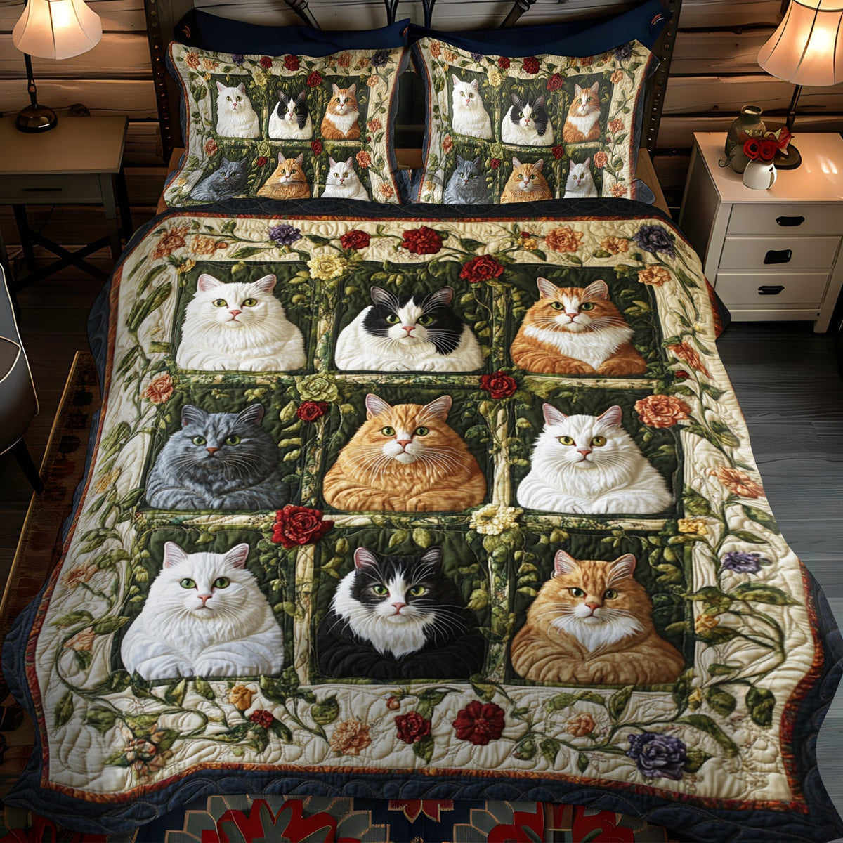 Floral Colorful Cats 3-Piece Quilted Bedding Set - Single (59" x 70")