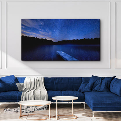 Blue Starry Night Lake Forest Canvas Wall Art