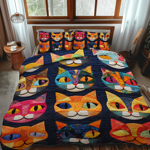 Whimsical Cat 3-Piece Quilted Bedding Set - Single (59" x 70")