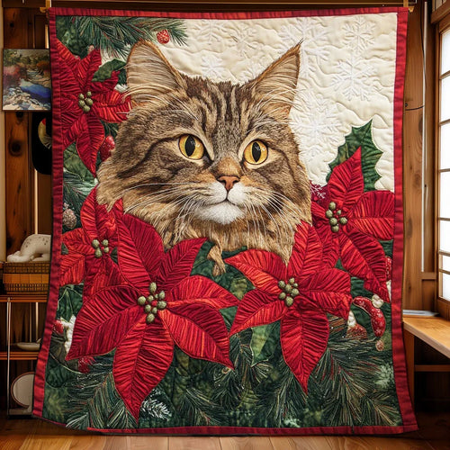 Maine Coon Poinsettia Quilt Blanket