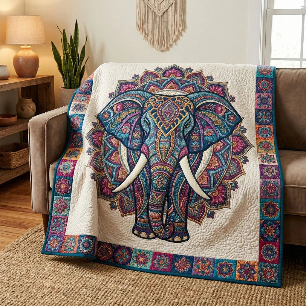 Majestic Mandala Elephant Quilt Blanket