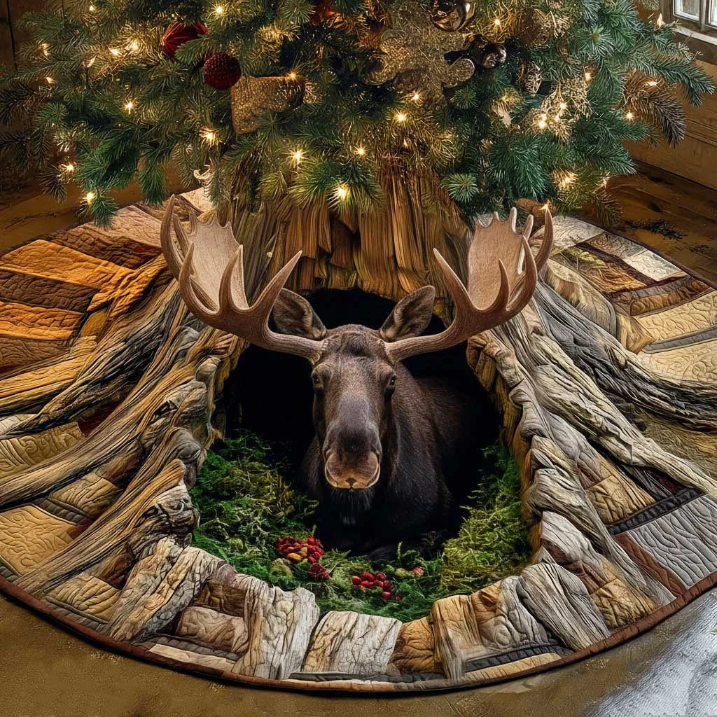 Majestic Moose Cabin Christmas Quilted Tree Skirt