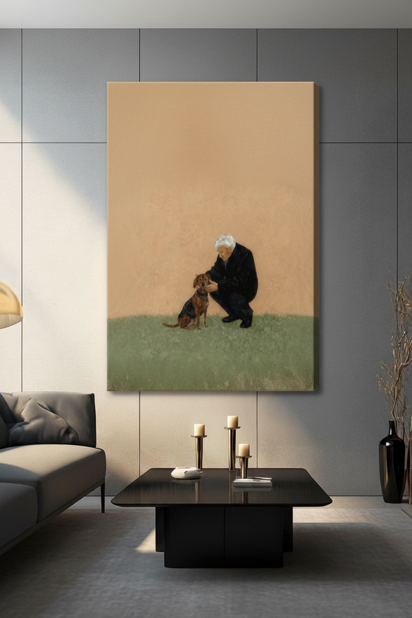 Elderly Man & Dachshund Vintage Oil Canvas Art