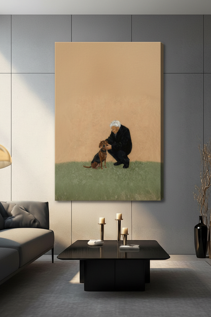 Elderly Man & Dachshund Vintage Oil Canvas Art