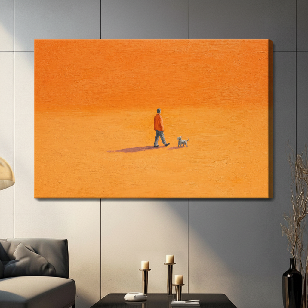 Minimalist Man Walking Dog Orange Canvas Art Wall Art