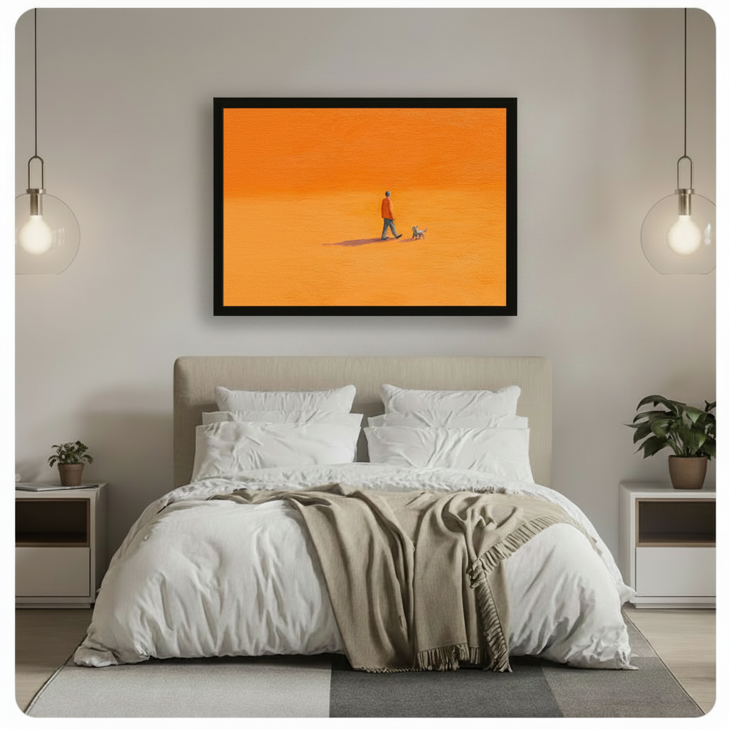 Minimalist Man Walking Dog Orange Canvas Art Wall Art