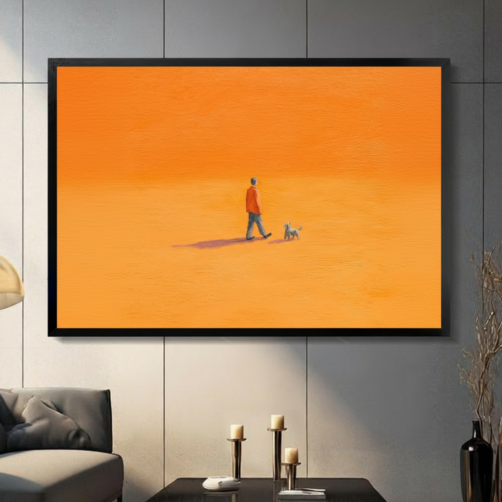 Minimalist Man Walking Dog Orange Canvas Art Wall Art