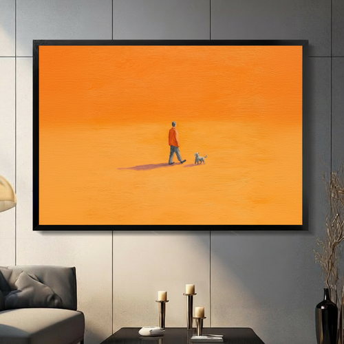 Minimalist Man Walking Dog Orange Canvas Art Wall Art