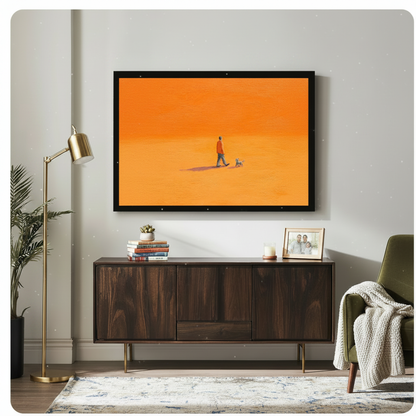Minimalist Man Walking Dog Orange Canvas Art Wall Art