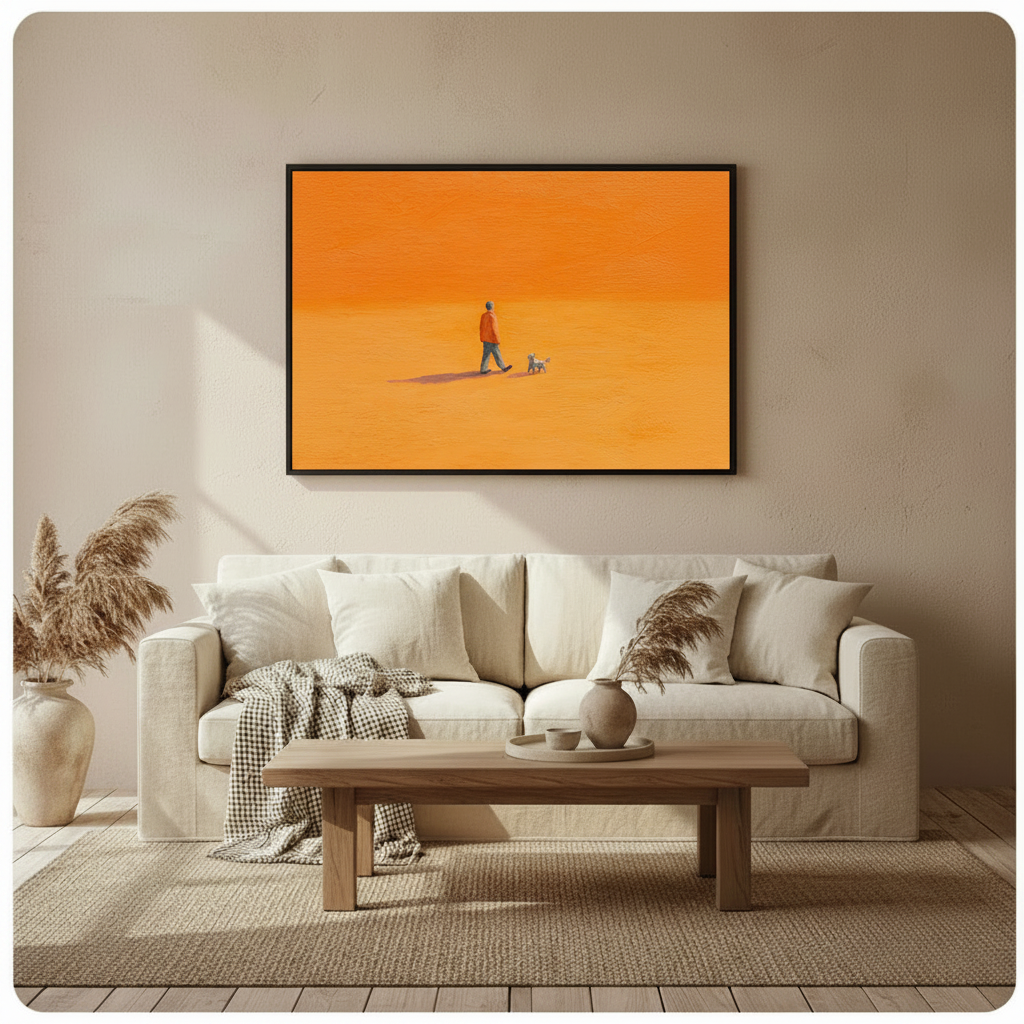 Minimalist Man Walking Dog Orange Canvas Art Wall Art