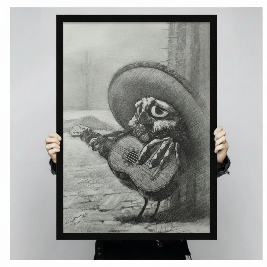 Mariachi Owl Guitar Sombrero Charcoal Canvas Art