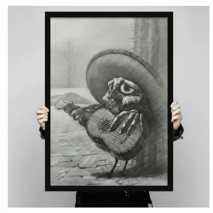 Mariachi Owl Guitar Sombrero Charcoal Canvas Art