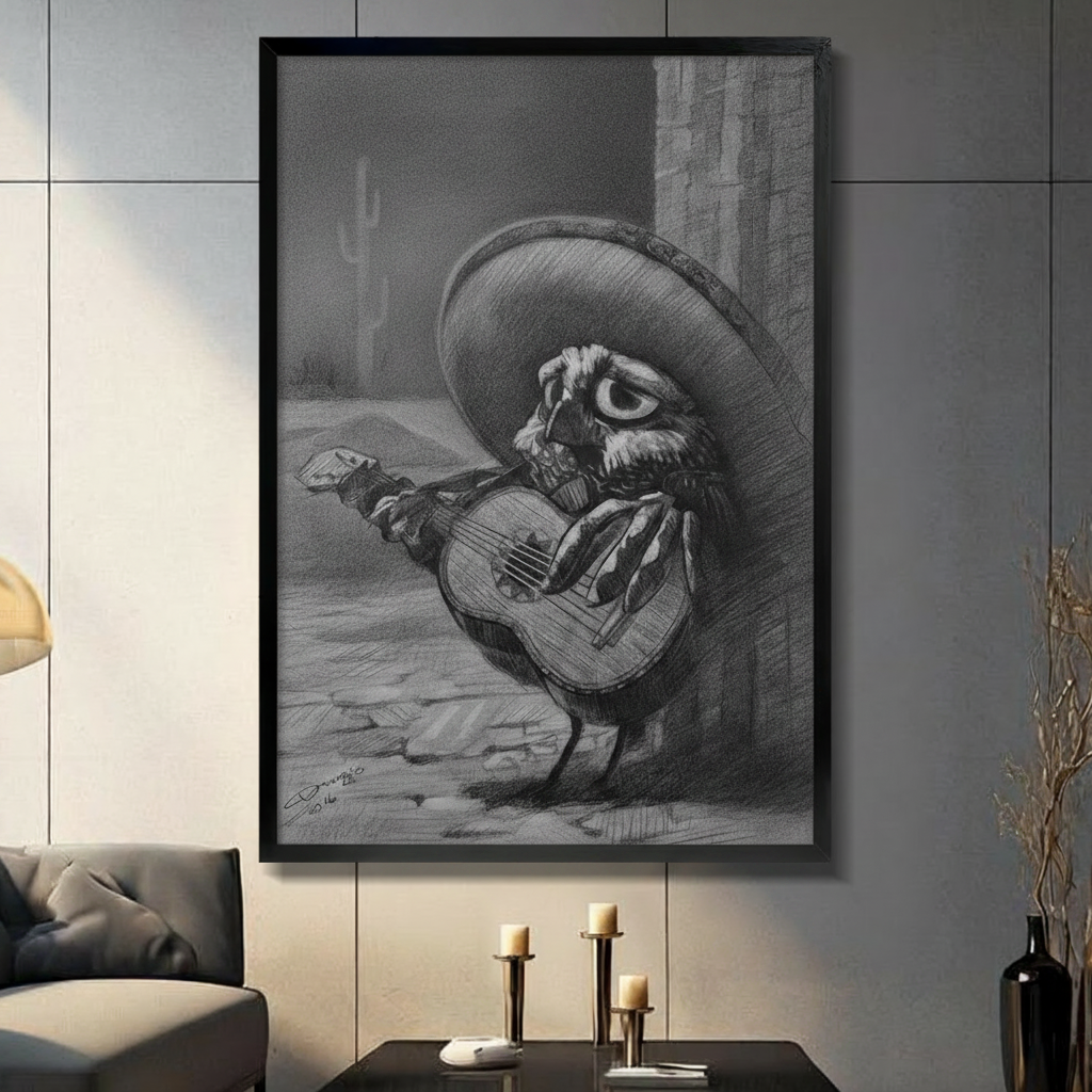 Mariachi Owl Guitar Sombrero Charcoal Canvas Art
