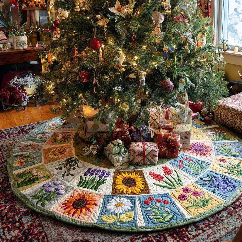 Meadow Bloom Christmas Quilted Tree Skirt