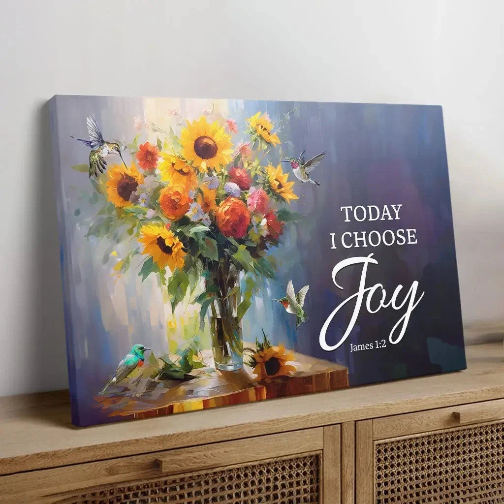 today i choose joy art hummingbird sunflower christian wall art canvas (Landscape) (view 4)