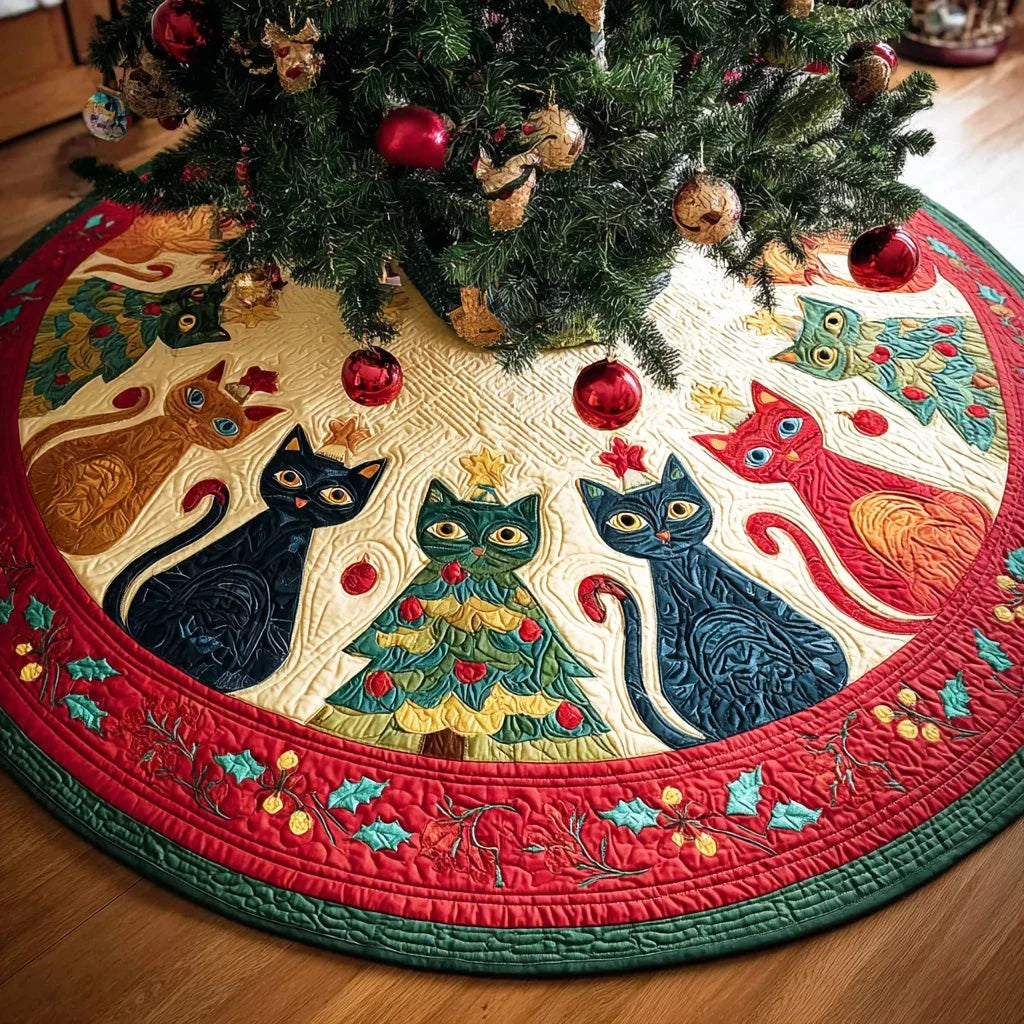 Meowy Magic Christmas Quilted Tree Skirt