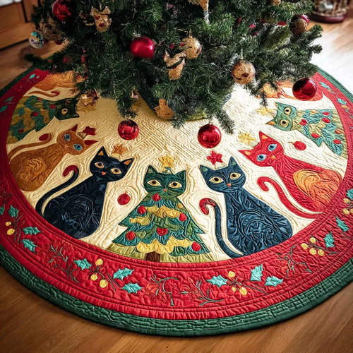 Meowy Magic Christmas Quilted Tree Skirt