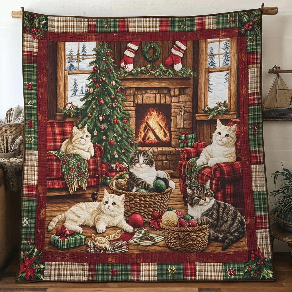 Merry Cabin Cat Quilt Blanket