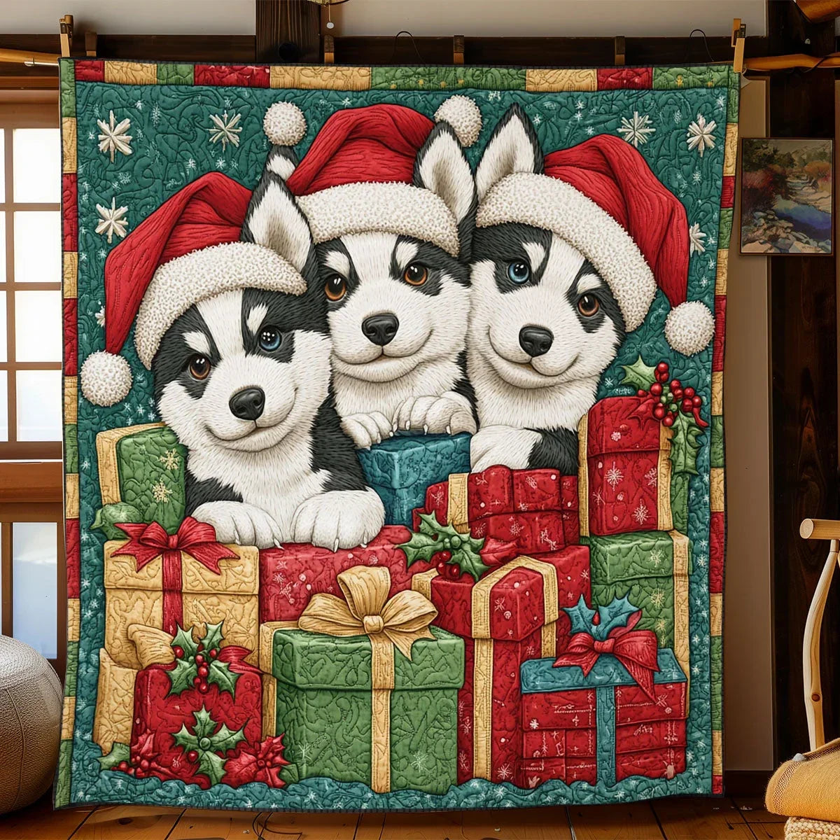Merry Huskies Quilt Blanket