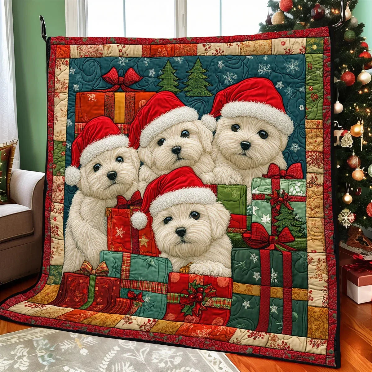Merry Yorkies Quilt Blanket