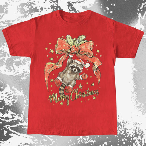 Merry Christmas Raccoon Hanging Bow Shirt, funny meme tee gift
