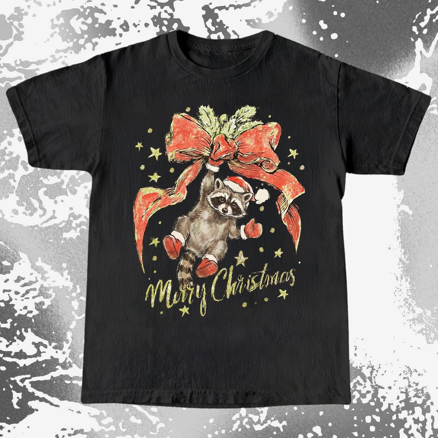 Merry Christmas Raccoon Hanging Bow Shirt, funny meme tee gift (view 4)